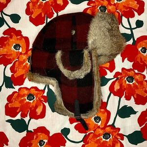 MAD BOMBER men's Trapper Hat Rabbit Fur Wool Red Black Buffalo Plaid Sz Small